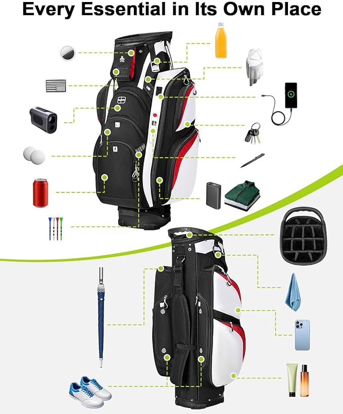 Vancropak Golf Cart Bag, Golf Gifts for Men with 15 Way Divider Top, USB Charging Port, Waterproof Protective Rain Cover, Shoe Compartment, Cooler Pocket, Tracker Slot, Umbrella Holder, Golfer Gifts