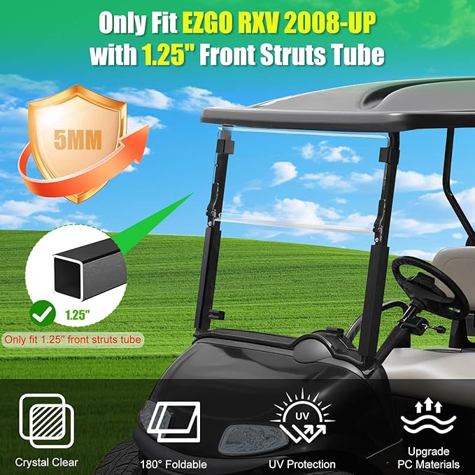 5MM Thick Upgrade PC Foldable EZGO RXV Golf Cart Windshield with Heavy Duty Hinges Only Fit for 2008-Up EZGO RXV with 1.25" Struts Rail, Anti-UV Impact Resistant Golf Cart Windshield