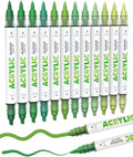 Guangna 12 Green Dual Tip Acrylic Paint Markers, Brush Tip & Chisel Tip Acrylic by GuangnaArtSupplies
