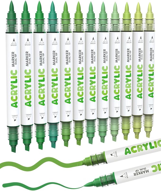 Guangna 12 Green Dual Tip Acrylic Paint Markers, Brush Tip & Chisel Tip Acrylic by GuangnaArtSupplies