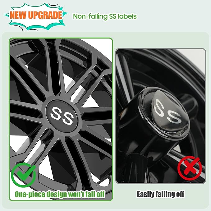 10L0L Golf Cart SS Wheel Covers Hub Caps for EZGO, Club Car, Yamaha - 8 Inch Snap-on Installation, New Black, Set of 4