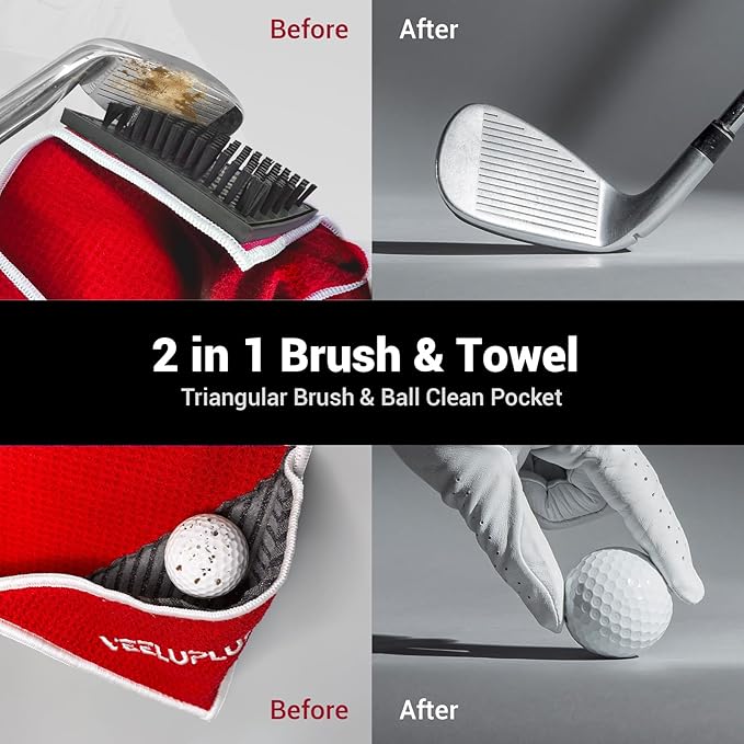 4-in-1 Magnetic Golf Towel with Golf Brush & Cleaning Pocket -3 Stage Cleaning System - Super Strong Golf Club Cleaner- Microfiber Waffle-15.7" X 23.6" Golf Accessories and Gifts for Men Women (RED)