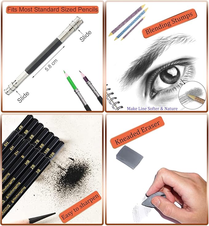 31 Drawing Sketching Pencils Kit, Portable Artist Supples Travel Case Set has - Image 5
