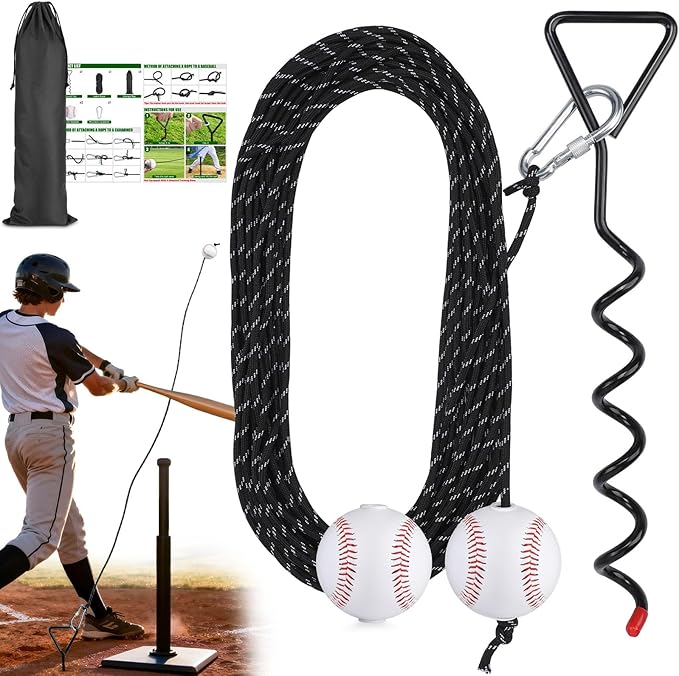 TOBWOLF Baseball & Softball Swing Trainer, Replaceable Practice Baseball on Rope with Heavy-Duty Ground Stake, Solo Swing Practice in Backyard & Get 50ft of Flight Feedback, Ideal for Baseball Players