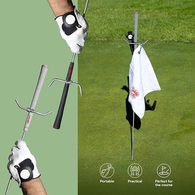 Golf Club Stand & Accessories | Designed to Minimize Bending on the Course | Multi-Club Holder, Ball Pick-Up Cap, Towel, Carabiner & Marker | Made in USA