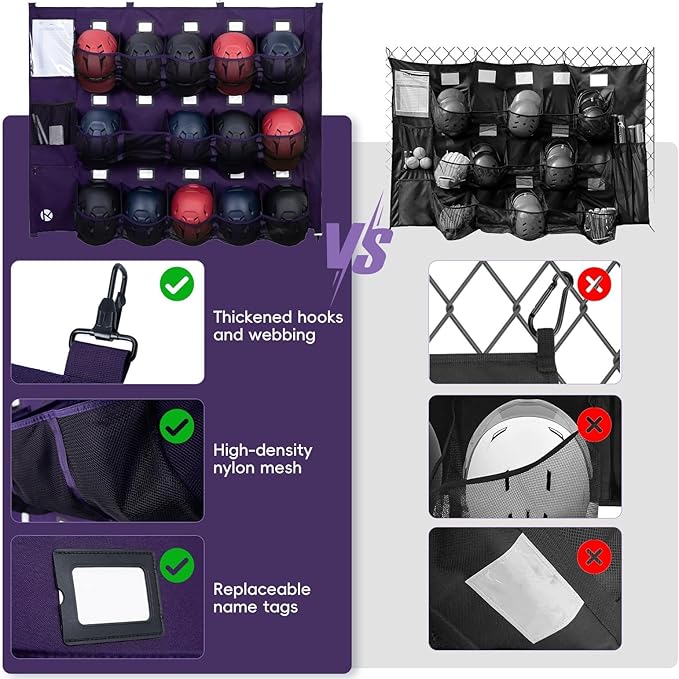KAVIGOR Baseball/Softball Dugout Organizer - 15+ Helmet & Glove Storage Bag, Military-Grade 900D Fabric & 6 Reinforced Steel Hooks