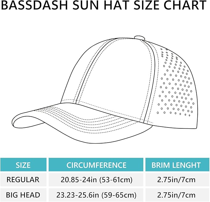 BASSDASH UPF 50+ Quick Dry Baseball Cap Water Resistant Laser Cut Mesh Snapback Hat for Men Women Fishing Hiking FH14