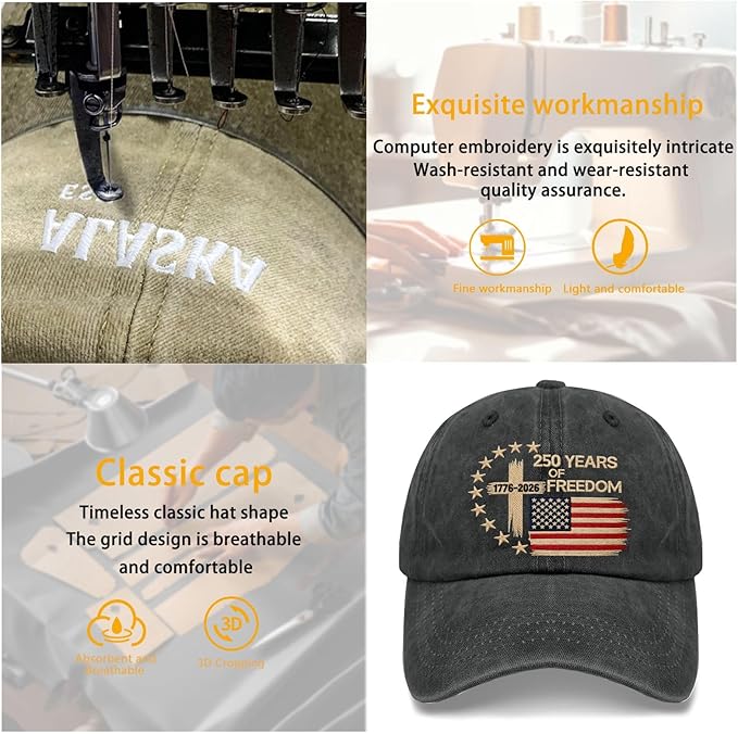 US 250 Years Freedoms 1776-2026 250th Birthday Embroidered Hats Garde Cap for Him