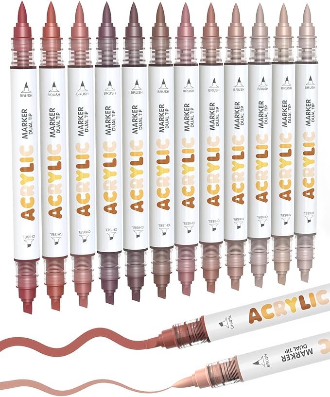 Guangna 12 Red Brown Dual Tip Acrylic Paint Markers, Brush Tip & Chisel Tip by GuangnaArtSupplies