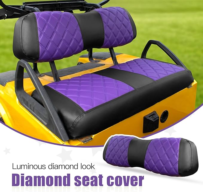 NOKINS Golf Cart Club Car DS 2000.5-Up Diamond Seat Covers Kit, Fits Club Car DS OEM Standard Front Seat Cushion, Golf Cart Vinyl Seat Cover, No Nails Required (Purple and Black)