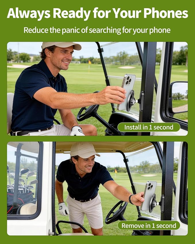 All-Metal Magnetic Golf Cart Phone Holder for iPhone/Samsung/Google, Tool-Free Golf Accessories, Golf Gifts for Men Golfers Dad Husband, Golf Cart Accessories for EZGO/Club Car/Yamaha Golf Cart