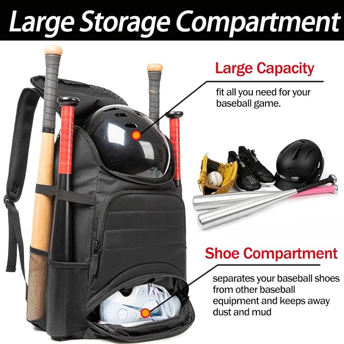 Baseball Bag - Lightweight Softball & T-Ball Backpack with Shoe Compartment for Equipment & Gear