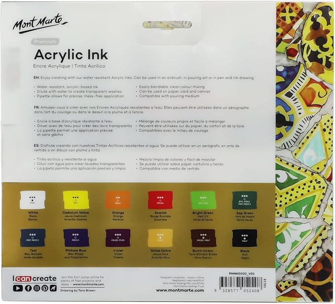 Mont Marte Acrylic Ink Premium 12pc x 20ml, Acrylic Inks - Image 10