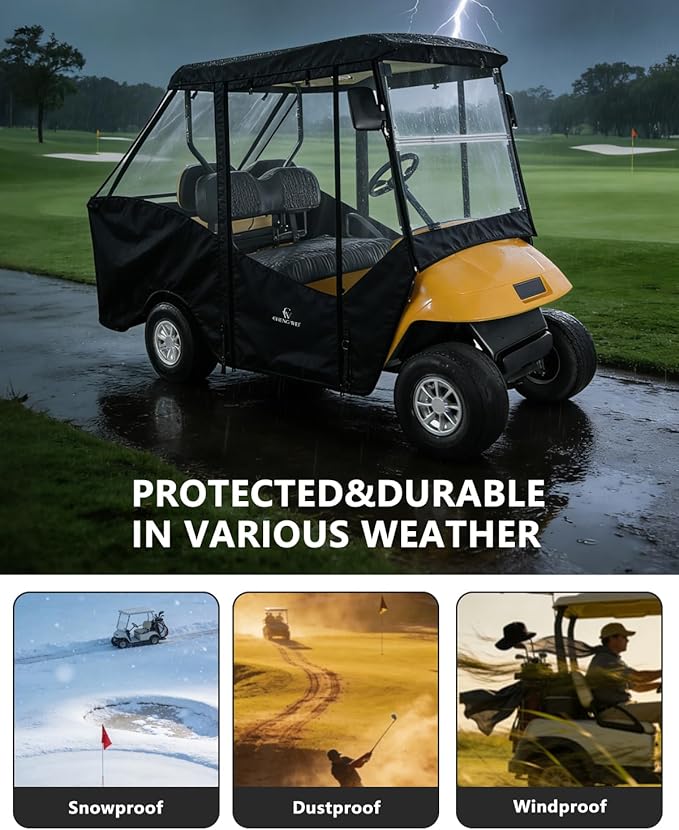 Golf Cart Enclosure 4 Passenger, Ezgo Golf Cart Cover for TXT Short Roof 2+2 Seater,Waterproof 600D Oxford Rain Cover Driving Enclosure,Roll Up 4-Sided Clear Windows&Door