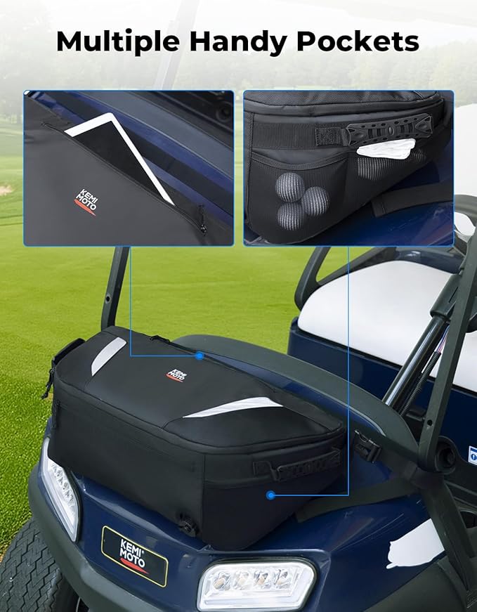 KEMIMOTO Golf Cart Cooler Bag, Fits 20-30 11oz Cans, Insulated with Drain Plug, Reflective Finish, Handy Pockets, Golf Cart Accessories Gifts for Golfers Men, Compatible with EZGO Club Car