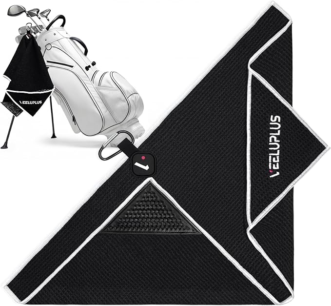 4-in-1 Magnetic Golf Towel with Brush & Cleaning Pocket - Premium Construction Golf Towel- Super Strong Golf Club Cleaner- Microfiber Waffle Design-15.7" X 23.6" Golf Accessories and Gifts for Men