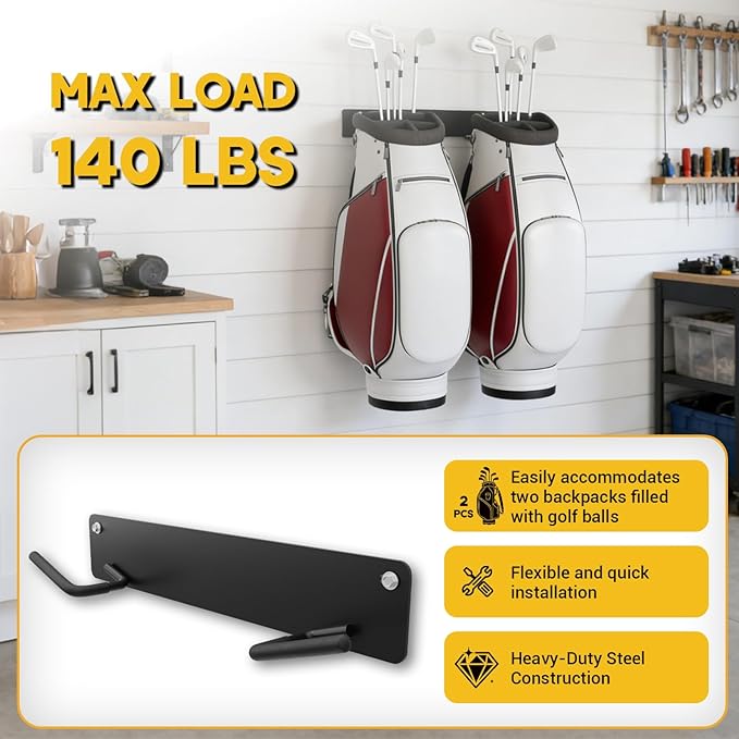 Golf Bag Wall Mount for Garage, with Anti-Slip Hooks, Wall Mount Golf Bag Holder, Space Saving Heavy-Duty Wall Mount Organizer for Golf Bags & Accessories, 2 Pack