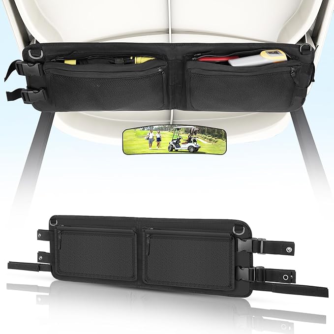T TGBROS Universal Golf Cart Storage Organizer – Overhead Mesh Bag, Front Basket with Cup Holders & Push Cart Zippered Pouch Fits Club Car, EZGO, Yamaha, Kandi, Push Carts Large Capacity