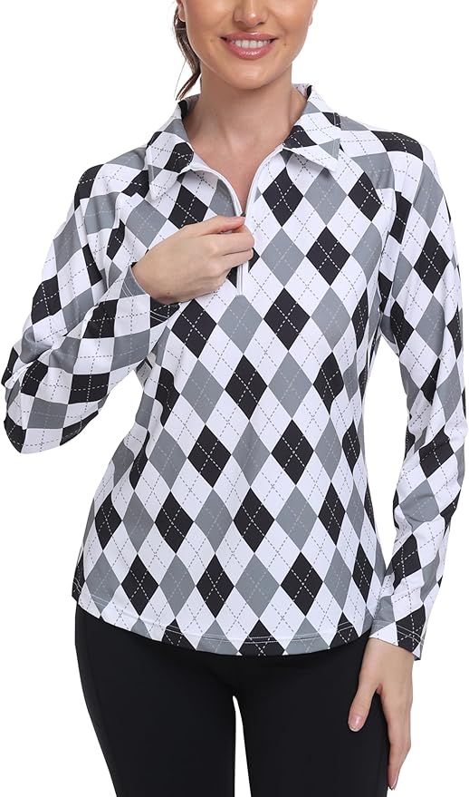 MoFiz Women's Golf Polo Shirt Long Sleeve Collared 1/4 Zip Stretch Soft Athletic Tops for Tennis Hiking & Outdoor Sports
