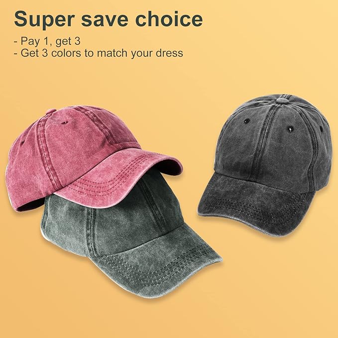 MEINICY 3 Packs Washed-Cotton Plain Baseball Cap, Vintage Adjustable Dad Hats Gift for Men/Women,Unstructured
