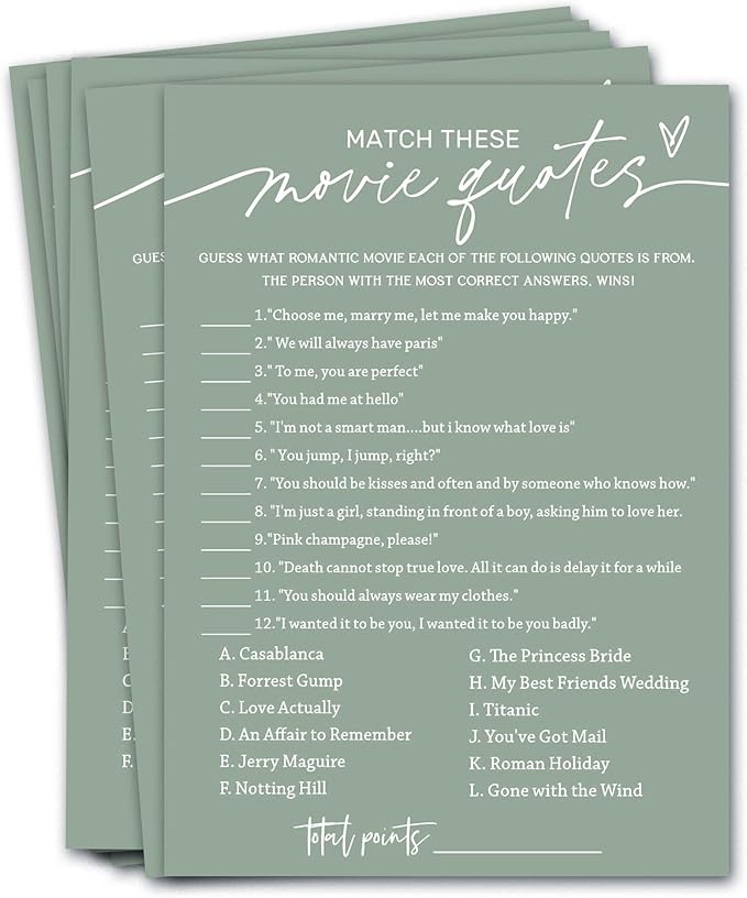 Bridal Shower Games Cards, Match These Movie Quotes, 25 Game Cards by Wybgno