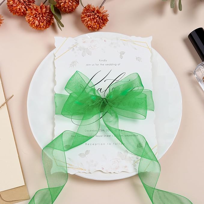 Ribbon for Gift Wrapping 3/4 inch Green Sheer Organza Ribbon for Flower Bouquet - Image 3