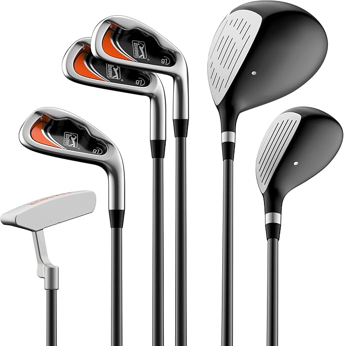 PGA Tour Youth Golf Club Set for Ages 5-15+ (3’5”-5’10”), Right and Left-Handed Kids Golf Sets – Beginner Junior Golf Clubs with Lightweight Stand Bag, Mallet Putter, Hybrid, Driver