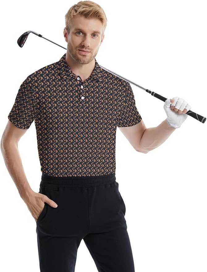 HUURAY Funny Golf Polos for Men Funny Print Short Sleeve Shirts Quick Dry Polo Shirts Hawaiian Shirt Performance Golf Outfits