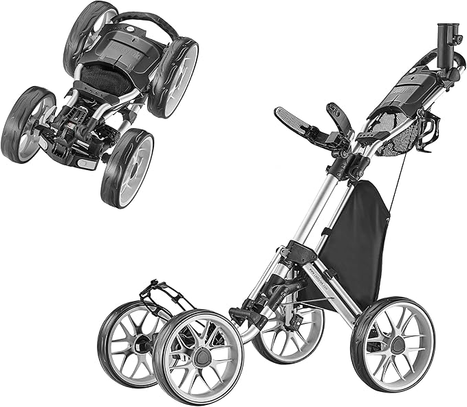 CaddyTek 4 Wheel Golf Push Cart - Caddycruiser One Version 8 1-Click Folding Trolley - Lightweight, Compact Pull Caddy Cart, Easy to Open