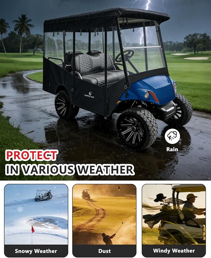 Golf Cart Enclosures 4 Passenger,Golf Cart Cover for Yamaha Long Roof 2+2 Seater,Waterproof 600D Driving Rain Cover,Roll Up 4-Sided Clear Windows&Door,Yamaha Golf Cart Accessories