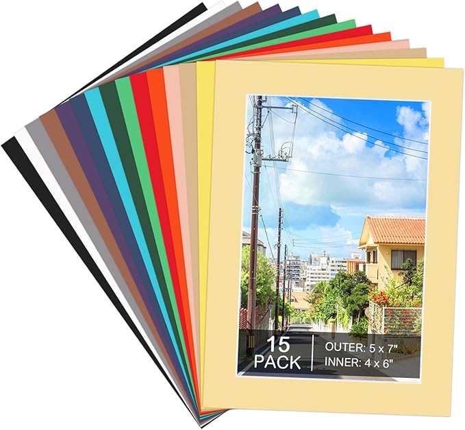 15 Pack 5x7 Picture Mats, Mixed Colors Frame Mattes by Prudiut