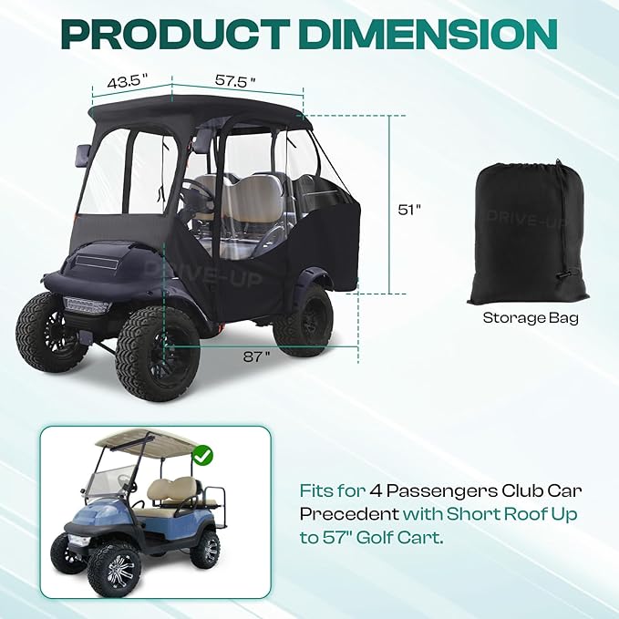 DRIVE UP Golf Cart Enclosure, Club Car Enclosure Fits for 4 Passengers Club Car Precedent Golf Cart, 600D Waterproof Portable Golf Cart Cover 4 Passenger with Zippered Doors and 4-Sided Clear Window