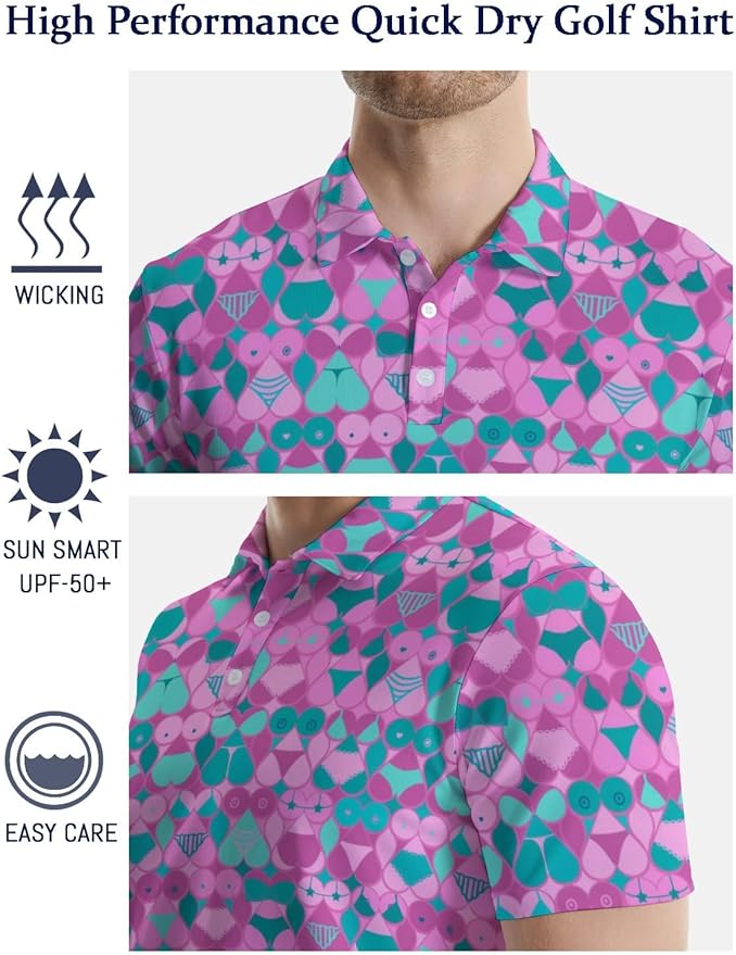 HUURAY Funny Golf Polos for Men Funny Print Short Sleeve Shirts Quick Dry Polo Shirts Hawaiian Shirt Performance Golf Outfits