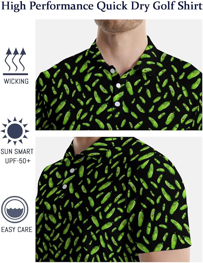 HUURAY Funny Golf Polos for Men Funny Print Short Sleeve Shirts Quick Dry Polo Shirts Hawaiian Shirt Performance Golf Outfits