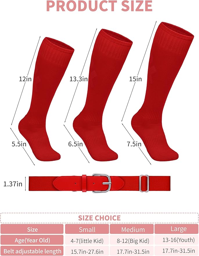 Baseball Socks and Belt Combo Set Cotton Boys Adjustable Baseball Softball Socks and Belt for Boys Girls