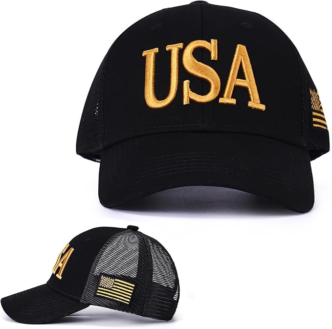USA Trucker Hat for Men & Women American Flag Cap Adjustable Baseball Cap Mesh Snap Patriotic 3D Embroidered Cap