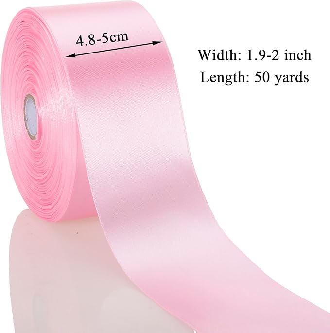 2 Inch Pink Solid Satin Ribbon, 50 Yards Craft Fabric Ribbon - Image 3
