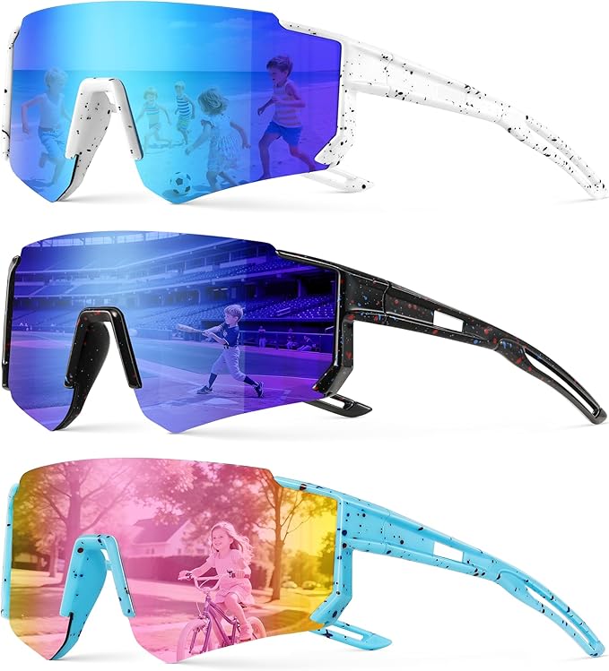 3PACK Kids Sunglasses Youth Baseball Sunglasses for Boys Girls Age 4-12,Softball Sports Cycling Goggles UV Protection