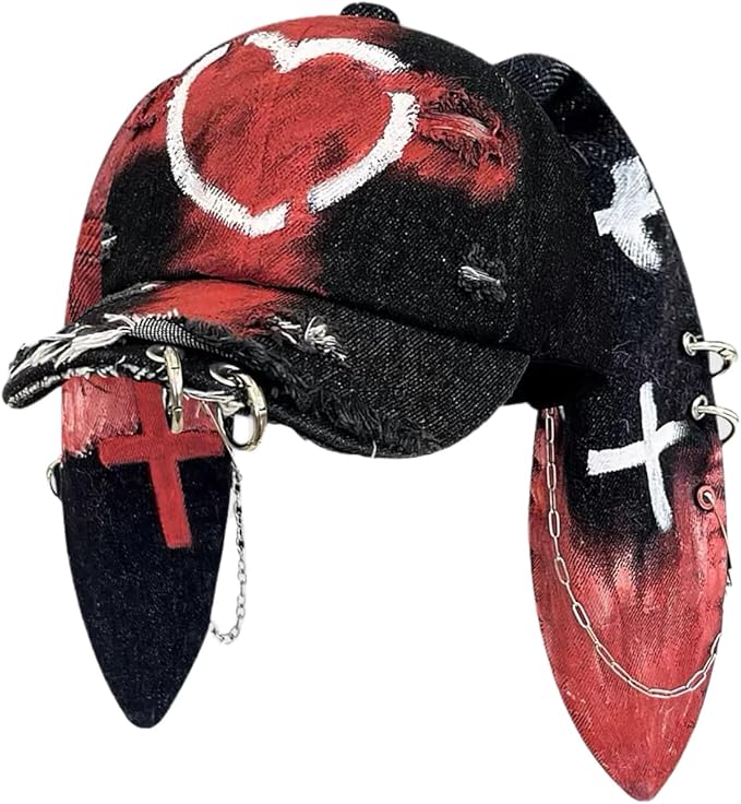 Y2k Hat Punk Hats Denim Bunny Hat Chains Distressed Baseball Cap Kpop Outfits Y2k Grunge Hats for Women