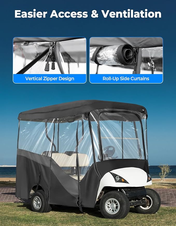 KEMIMOTO Golf Cart Enclosure, 4 Passenger Golf Cart Rain Cover, 600D Waterproof Driving Enclosure with Clear PVC Windshield for Extended Roof Golf Cart