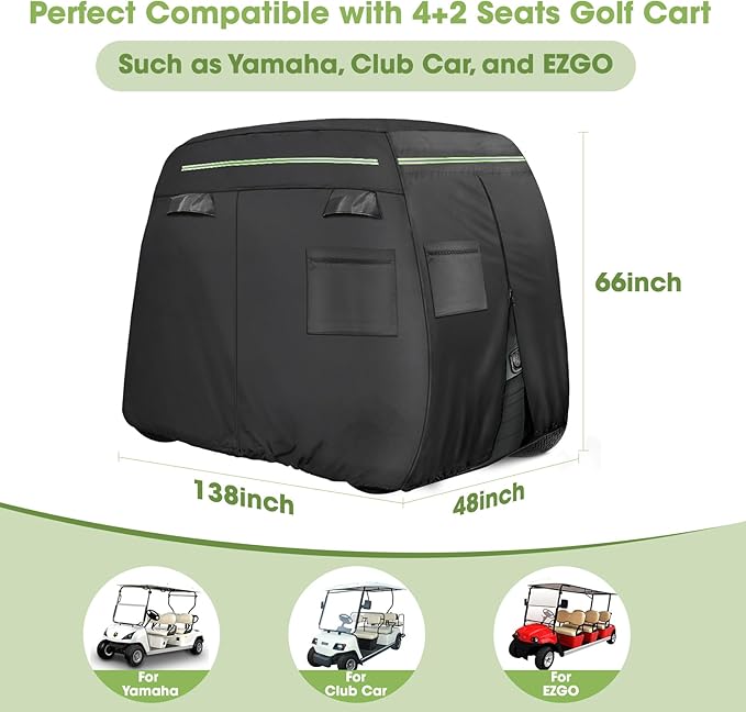 Golf Cart Cover 2/4/4+2 Passenger Heavy Duty Universal Fit for Yamaha EZGO Club Car, 600D Waterproof Windproof Sunproof Golf Cart Seat Covers with Reflective Strips, Zippered Pockets, Zipper Doors