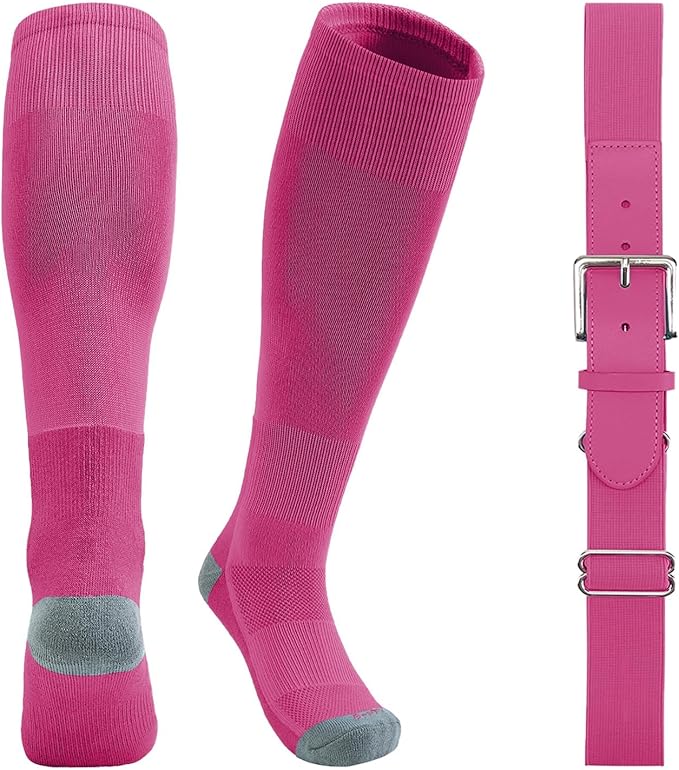 QBK Youth Baseball Socks & Belt Combo Set for Kids 2-16 Years -Softball/Tee Ball Accessories (1 Pair + 1 Belt, Unisex)