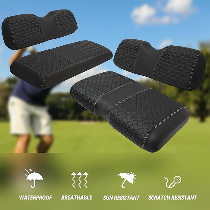 XUANYUDG0769 Golf Cart Front and Rear Seat Covers for EZGO TXT/RXV Club Car DS/Precedent Yamaha G29, Vinyl Leather Made/Adjustable Straps and Retractable Buckle/No Stapler Required,4PCS