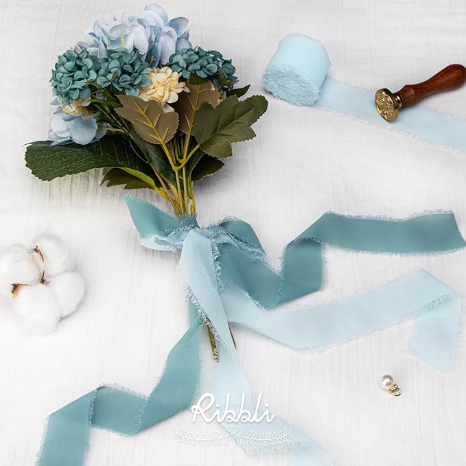 Ribbli Ice Blue Chiffon Silk Ribbon, 1-1/2 inch x 20 Yard, Handmade Fringe - Image 5