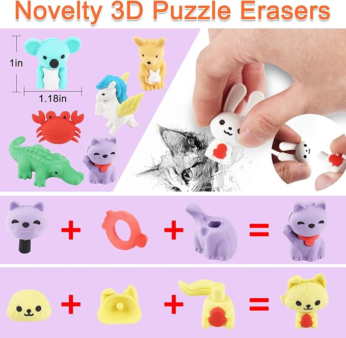 80Pcs Animal Erasers Kids Desk Pets Pencil Erasers 3D Puzzle Eraser Bulk Fun - Image 8