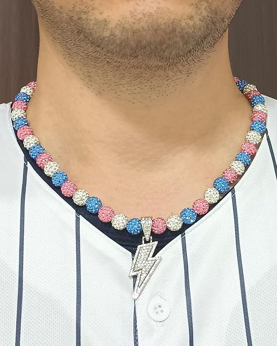 Baseball Necklace for Men 16/18/20 Inch Bling Ice Collection Lightning Bolt Pendant Necklace for Women Rhinestone Clay Beaded Discoball Accessories Gifts for Baseball Team Players Lovers