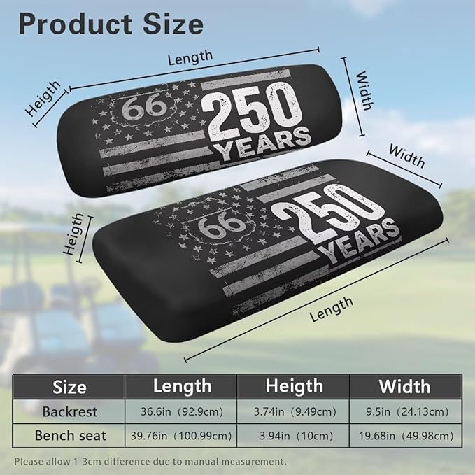 Yewatlles Grey 250th American Flag Golf Cart Seat Cover Set Fashion Printed for Club Car Small Breathable Bench Seat Covers, Washable Polyester Cloth