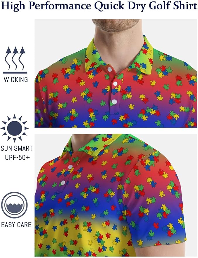 HUURAY Funny Golf Polos for Men Funny Print Short Sleeve Shirts Quick Dry Polo Shirts Hawaiian Shirt Performance Golf Outfits