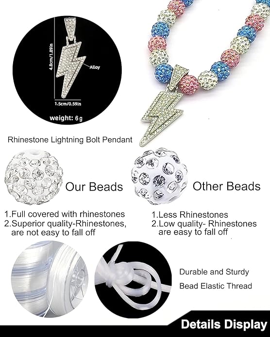 Baseball Necklace for Men 16/18/20 Inch Bling Ice Collection Lightning Bolt Pendant Necklace for Women Rhinestone Clay Beaded Discoball Accessories Gifts for Baseball Team Players Lovers