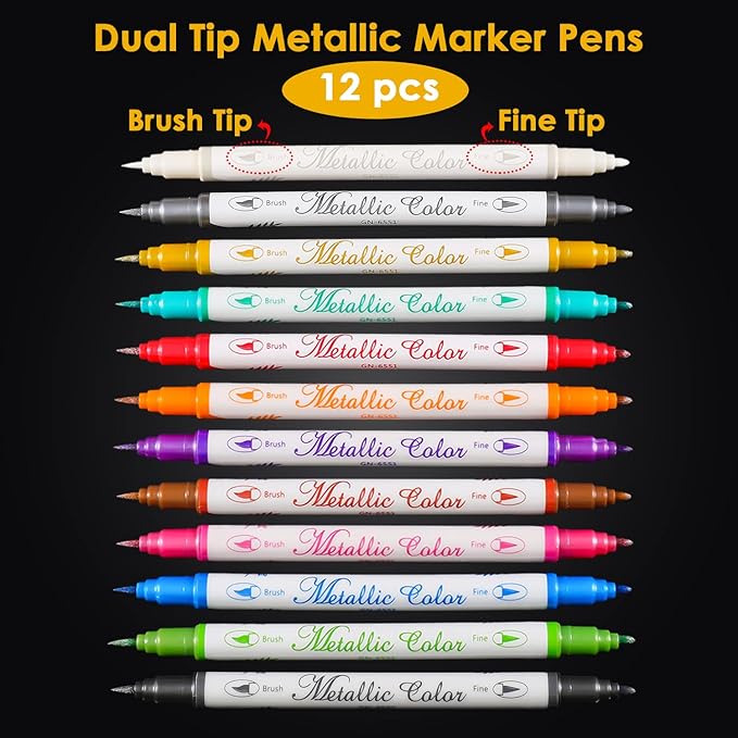 Sunshilor Metallic Markers Dual Tip Metallic Marker Pens Brush and Fine Point - Image 2